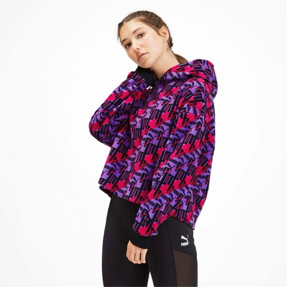 Puma Women All Over Print Fleece Hoodie Sweatshirt - Picture 1 of 13